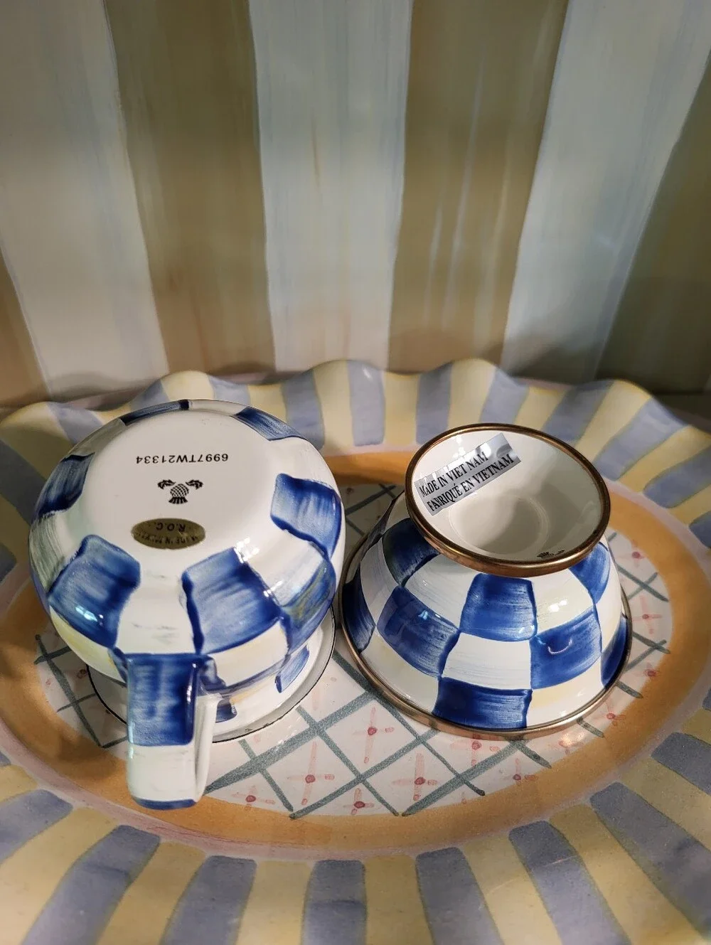Mackenzie Childs Royal Check Creamer And Sugar Bowl